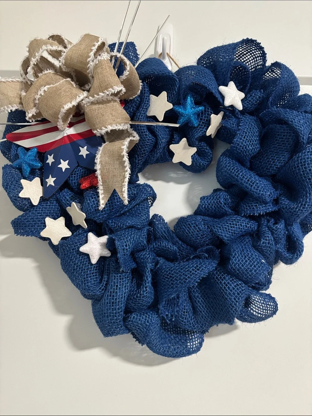 Hand Crafted Blue Burlap Star Wreath with Neutral Bow